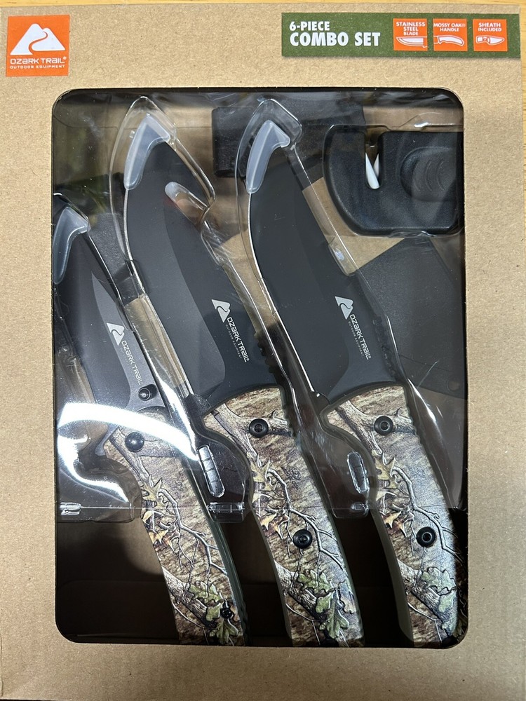 Ozark Trail Hunting Knife Set 6 piece Combo Fixed and Folding, sharpener/sheaths