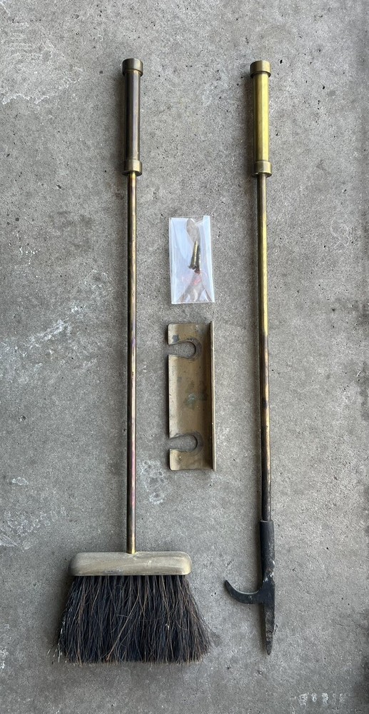 Vintage Mid Century Brass Wall / Brick Mounted Fireplace Tools / Hanger