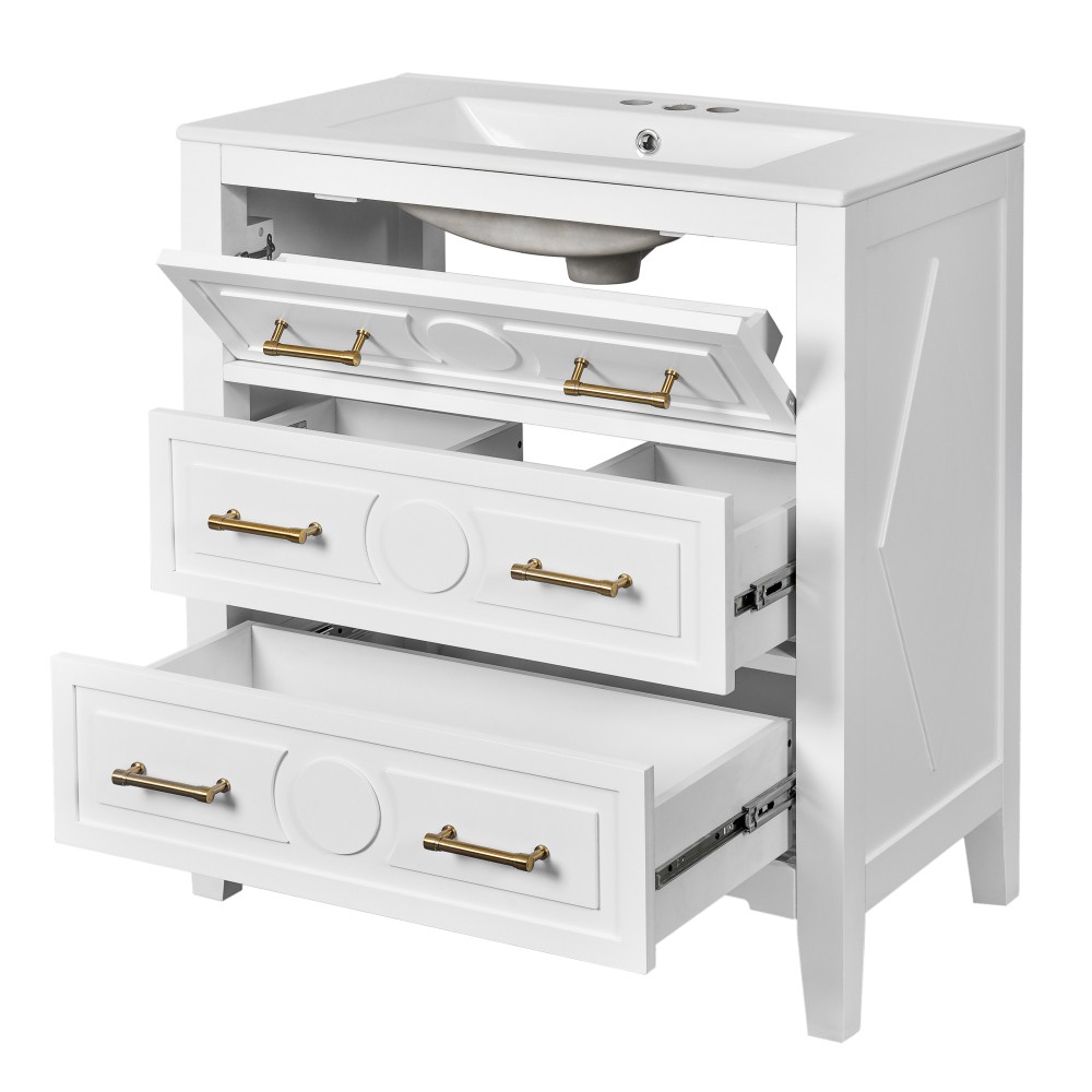 30'' Bathroom Vanity w/Ceramic Sink Combo 3 Drawers, Solid Wood Storage, White