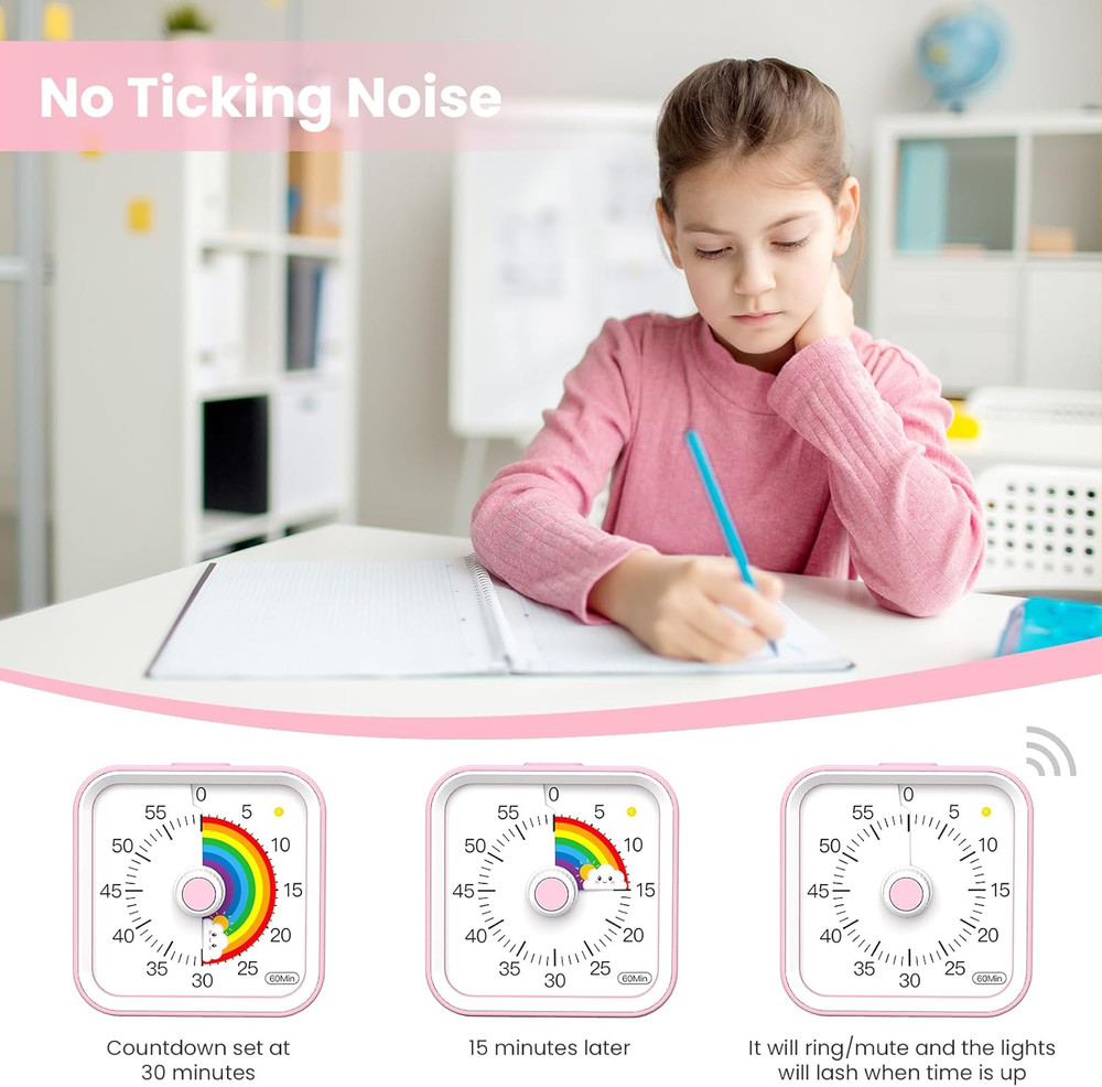 Visual Timer for Kids with Pause Function, Cute Silent Timer with Rainbow for Cl