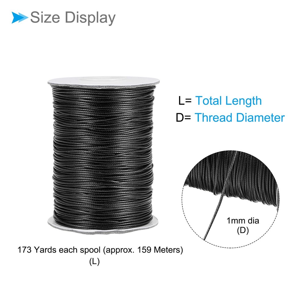 Waxed Polyester String Cord 173 Yards 1mm for DIY Craft Black