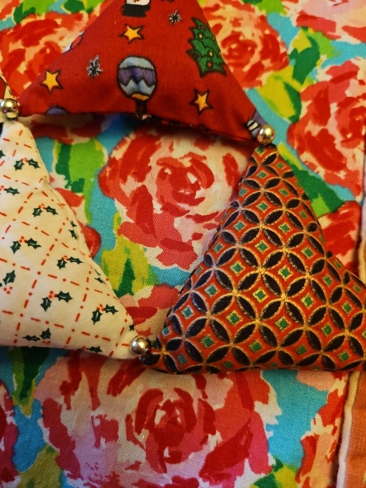 Handmade Quilted Christmas Tree Fabric Triangles & Beads Wall Hanging 17"