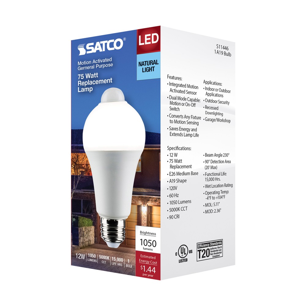 Motion Sensor Activated Light Bulb LED 120V 12W =75W A19 E26 5000K Natural Light