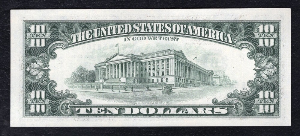 1990 $10 FRN “FULL BACK TO FACE OFFSET PRINTING ERROR” GEM UNCIRCULATED