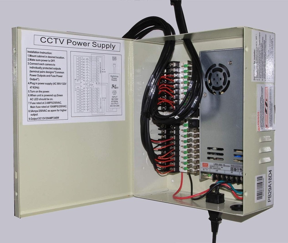 Professional 12V CCTV Power Box - 18 Outputs, 29A Total, Listed