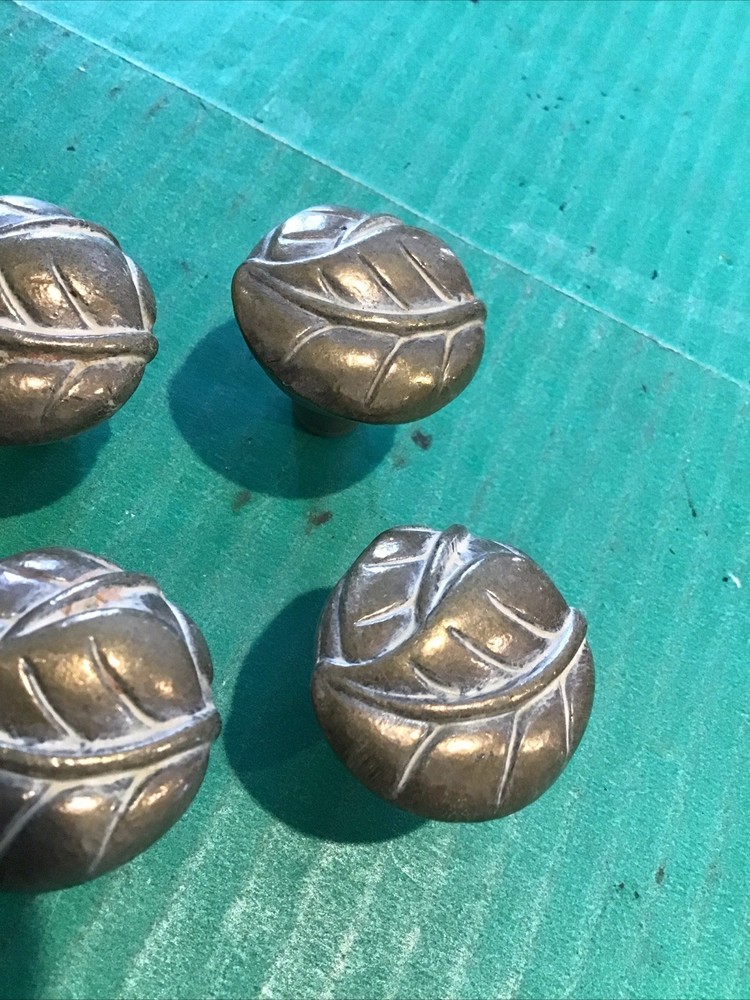 (4) Vintage Rare Keeler Brass LEAF CABINET KNOB PULL Solid (matches 45966 pull)