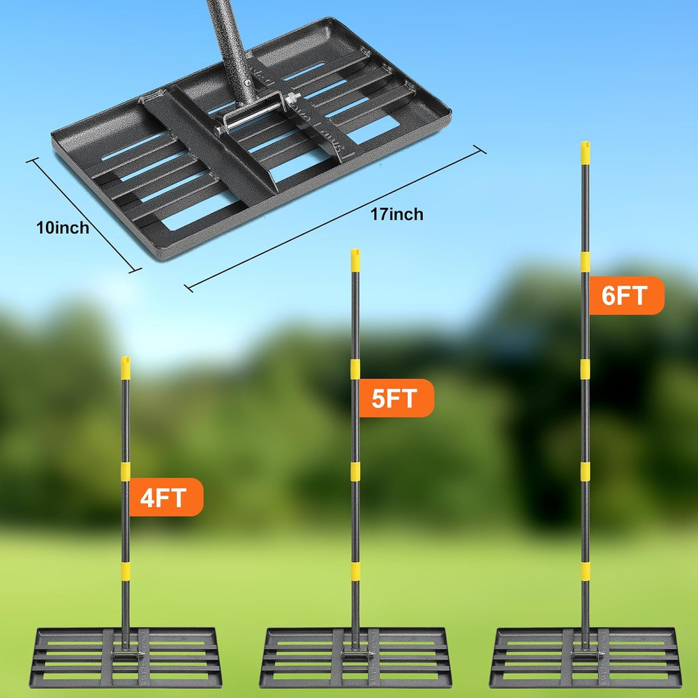 Lawn Leveling Rake, 72 Inch Adjustable Long Handle Leveling Rake, Black Heavy Du