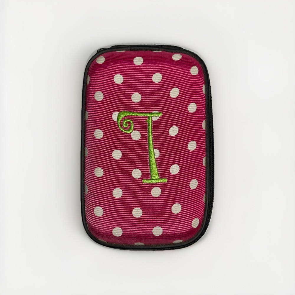 Portable Speaker with Hard Case – Pink Polka Dots "T", 1/8" Jack Input