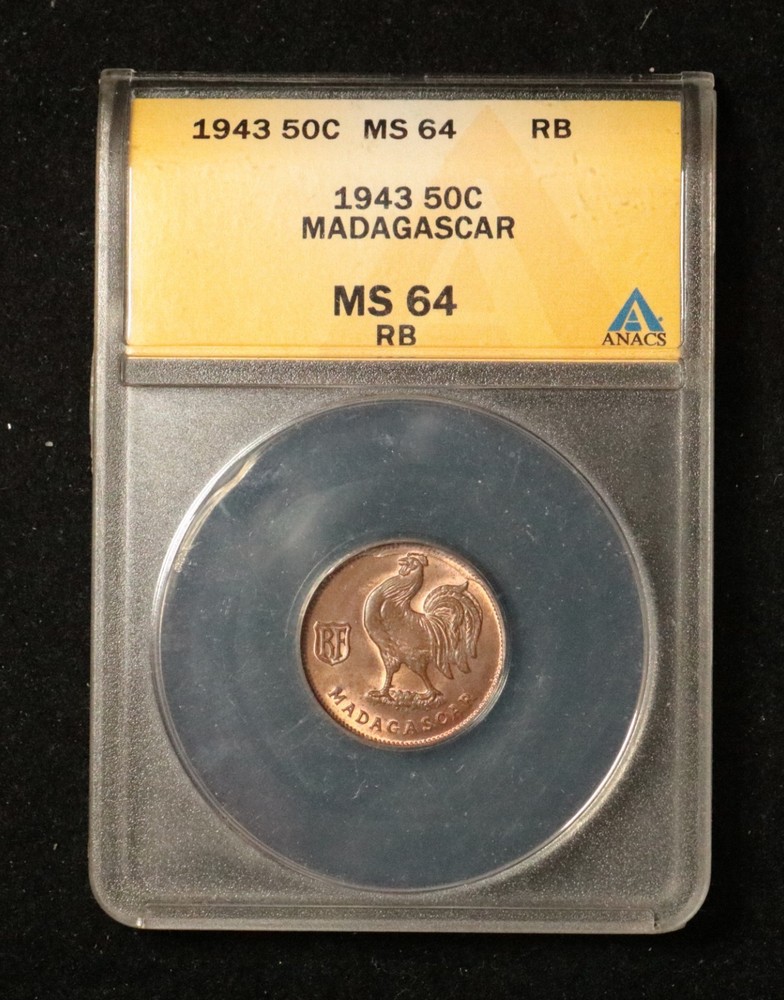 Madagascar 1943 50 Centimes - ANACS MS 64 RB