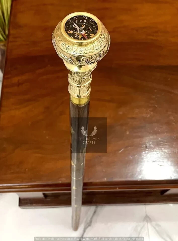 Brass Designer Handle Wooden Cane Walking Stick With Compass Gift