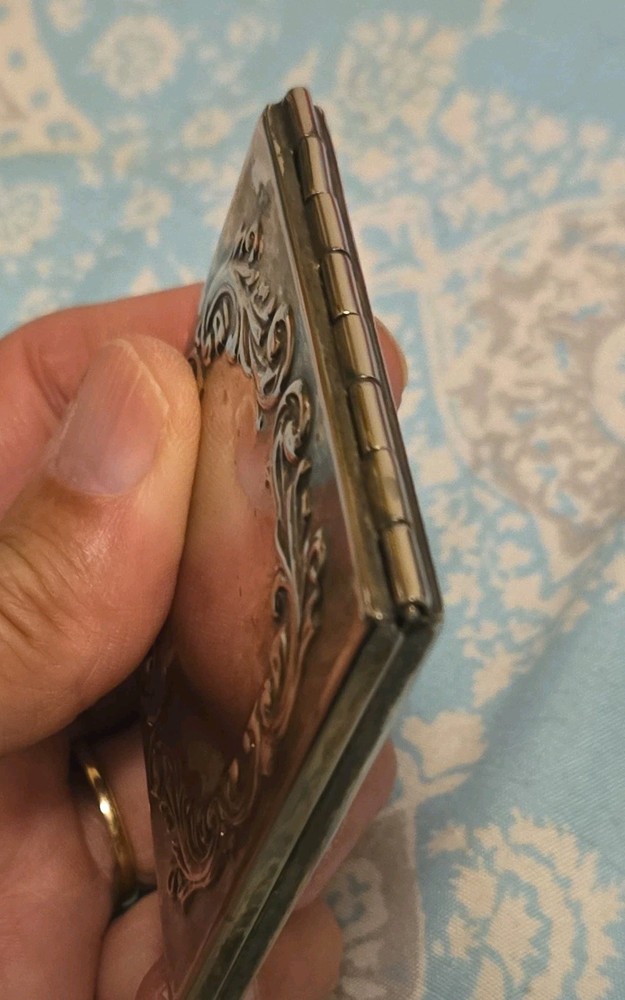 Vintage Silver Plated Compact Mirror Ornate Scrollwork 2.5