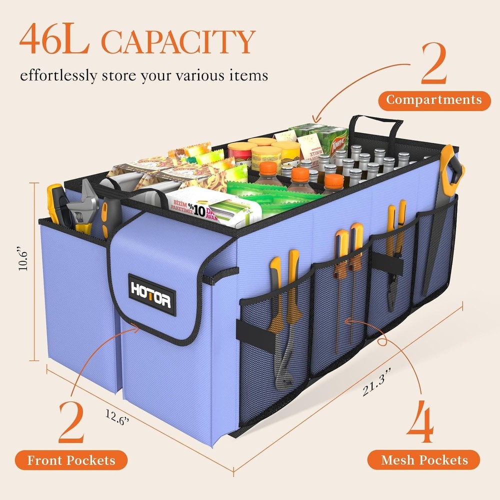 HOTOR Large-Capacity Trunk Organizer - Foldable for SUVs & Medium, Blue