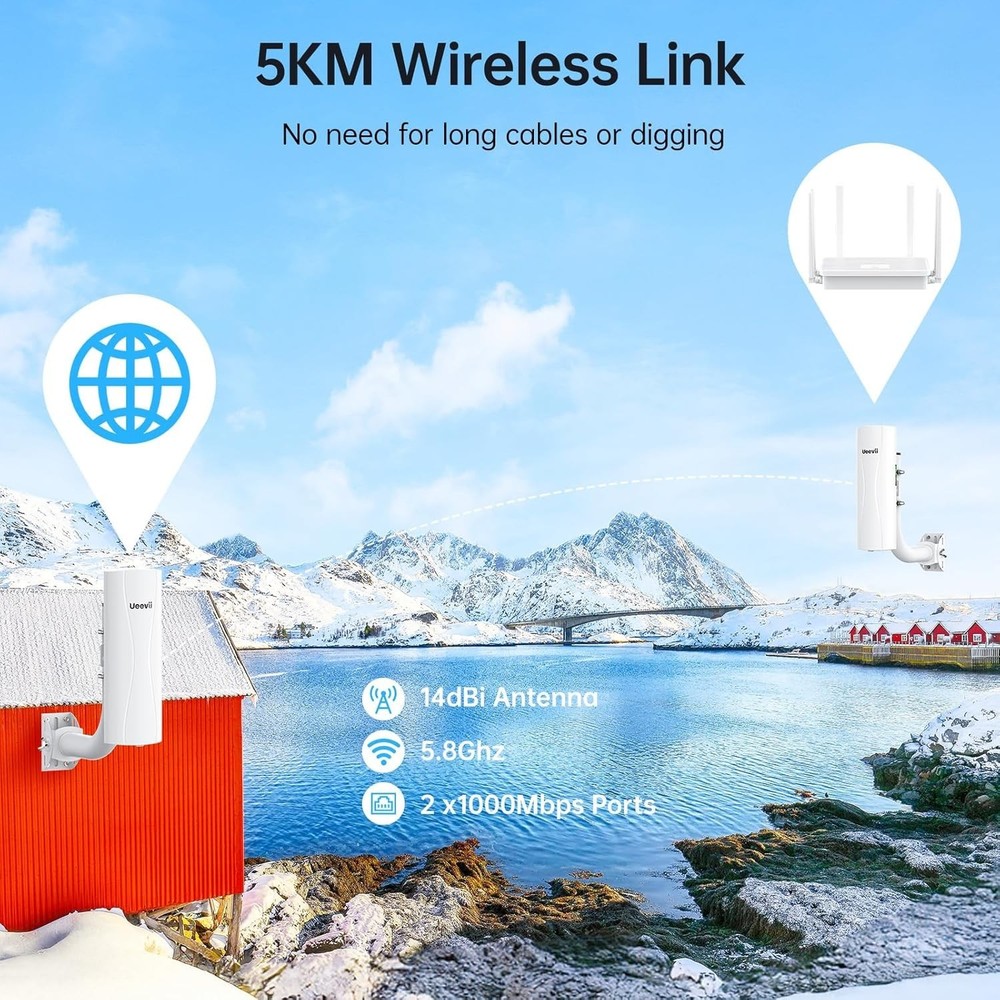 Point-to-Point Wireless Bridge System with Adjustable Brackets and 5KM Range