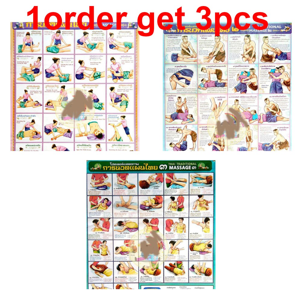 Thai tradition massage body poster set 3pcs teaching spa relax sketch chart