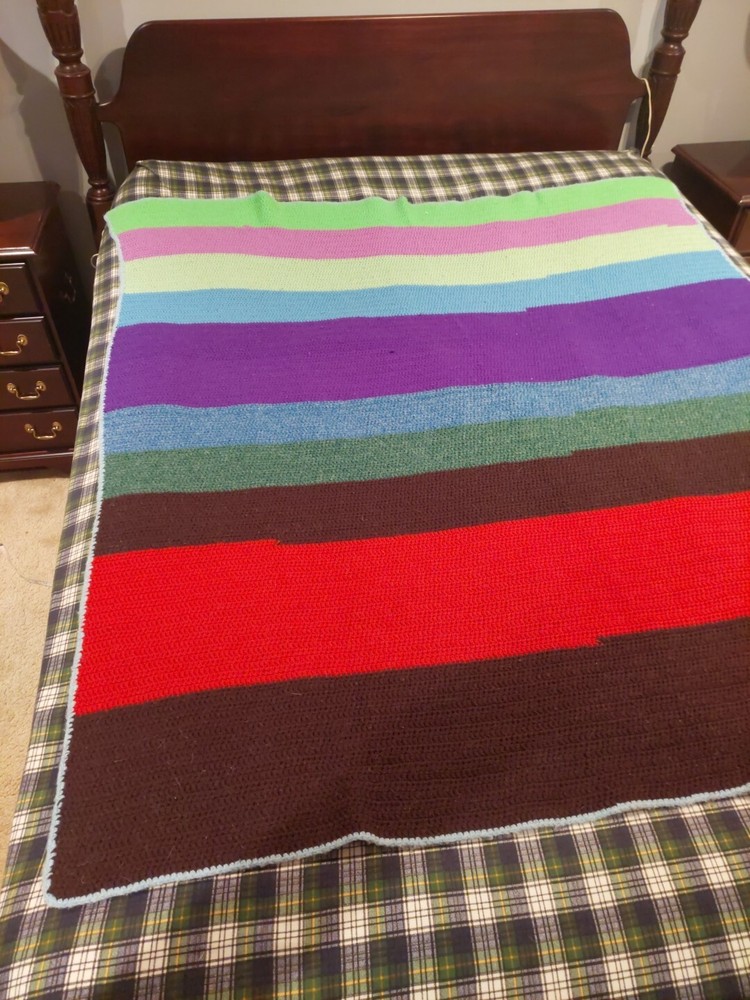 Boho Stripe Mod 1970 AFGHAN CROCHET HANDMADE Throw 62 L  X 56 W