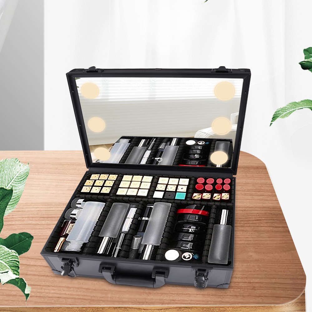 Large Makeup Train Case with LED Light & Mirror - Portable Organizer