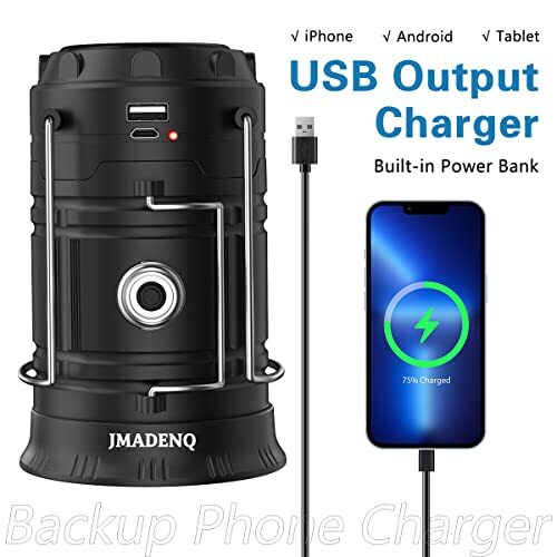 Solar Powered Camping Lantern, Flashlights Charging for Phone, USB Rechargeable