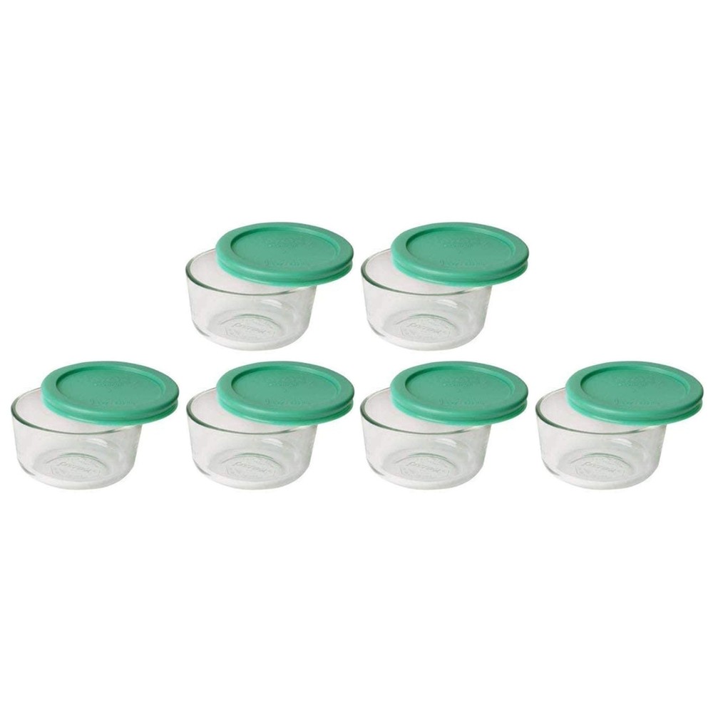 Pyrex (6) 7202 1 Cup Glass Bowls & (6) 7202-PC Green Lids