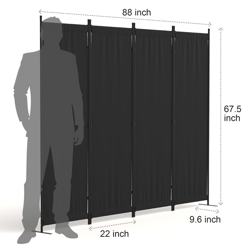 Black 4 Panel Folding Privacy Screen 88" Room Divider Panel For Office Bedroom