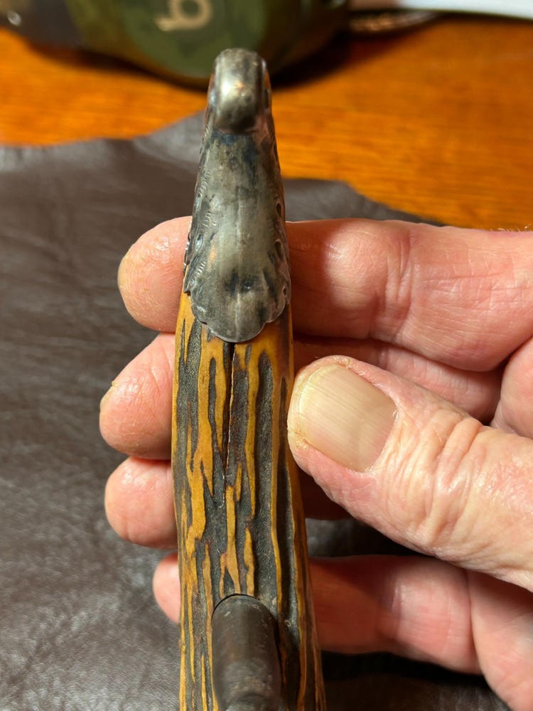 Antique Staghorn T-Handle Corkscrew with Engraved Sterling Endcaps