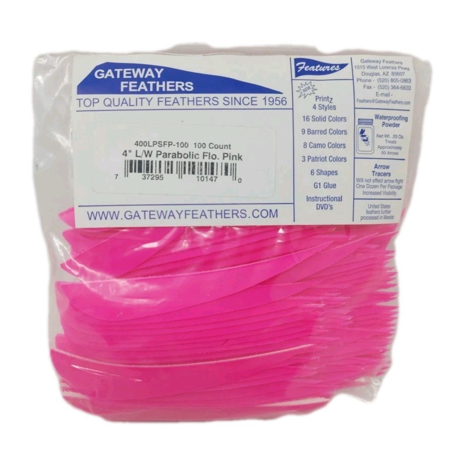 100 Pack Gateway Feathers 4" Left Wing: Parabolic Fluorescent Pink 400LPSFP