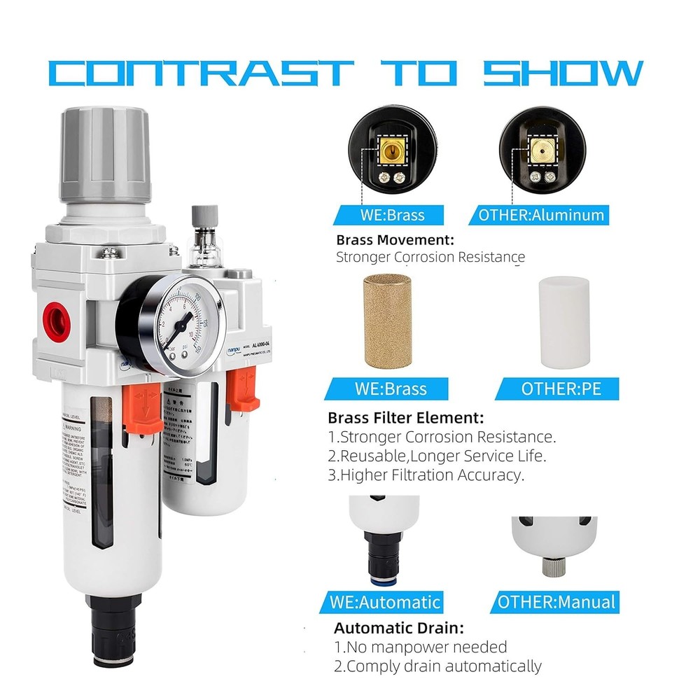 Comprehensive 1/2" NPT Air Filter Regulator Lubricator with Auto-Drain Function