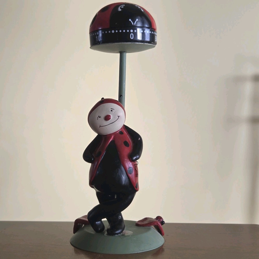 Ladybug Kitchen Timer on Handmade Stand with Anthropomorphic Ladybug Figure 8.5"