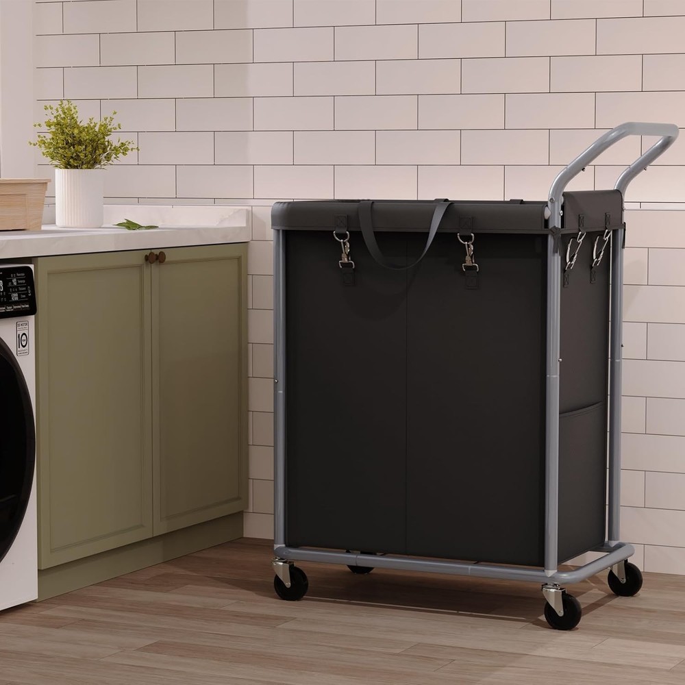Laundry Hamper 2 Section Rolling Laundry Basket W/ Wheels Laundry Cart New