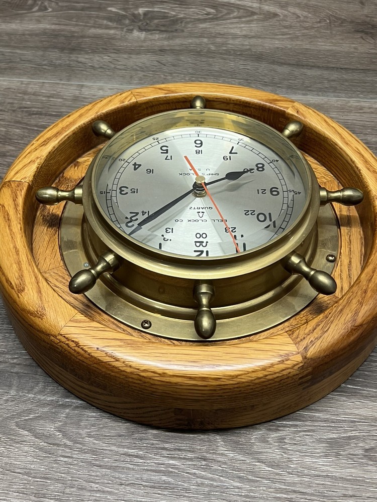 VTG Bell Clock Co. Brass Ships Wheel Case Quartz Clock Oak Frame MCM Display