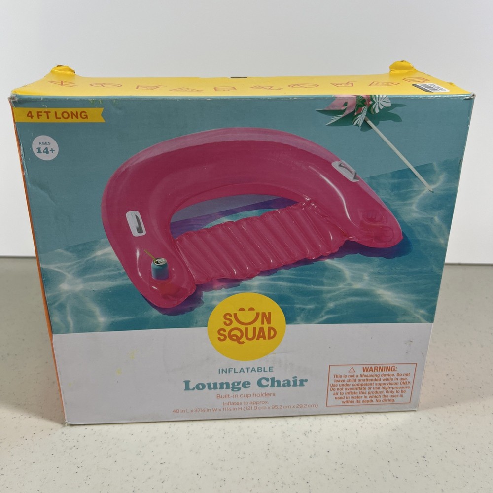 Sun Squad 4 Ft Long Pink Inflatable Pool Float Lounge Chair New