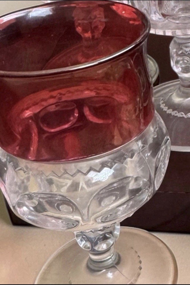 Tiffin Glass Co. "King's Crown" ruby red flashed thumbprint goblets. Collection
