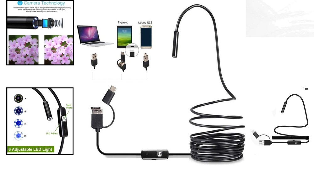 3-in-1 Waterproof Endoscope Camera with 6 LED for Android & PC - 1M Flexibility