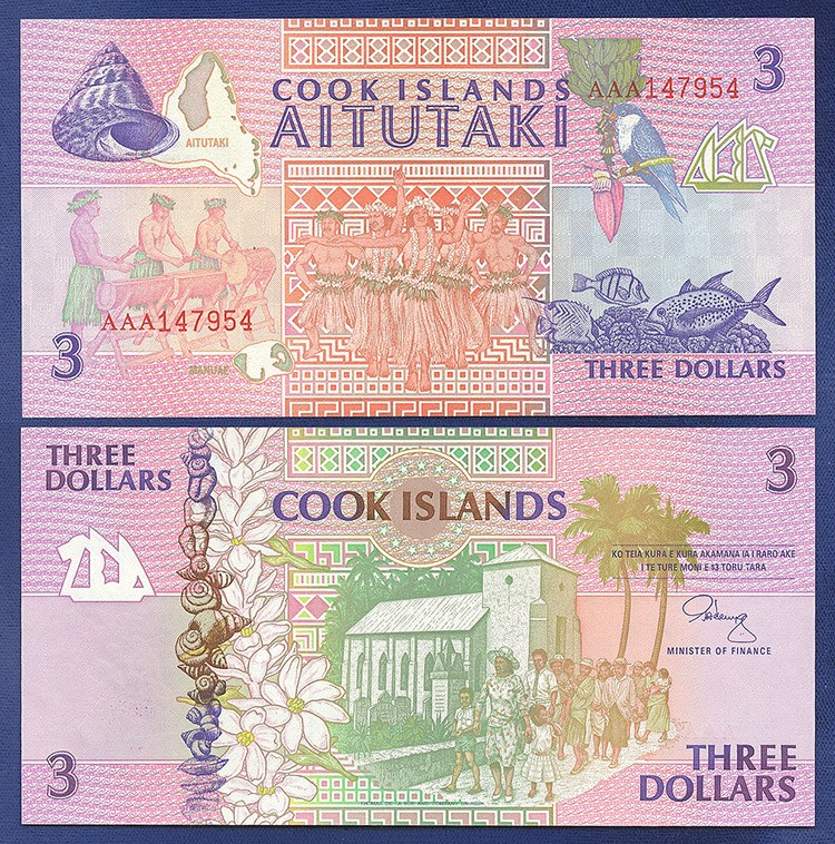 COOK ISLANDS 3 DOLLARS 1992 GEM UNC PREFIX AAA
