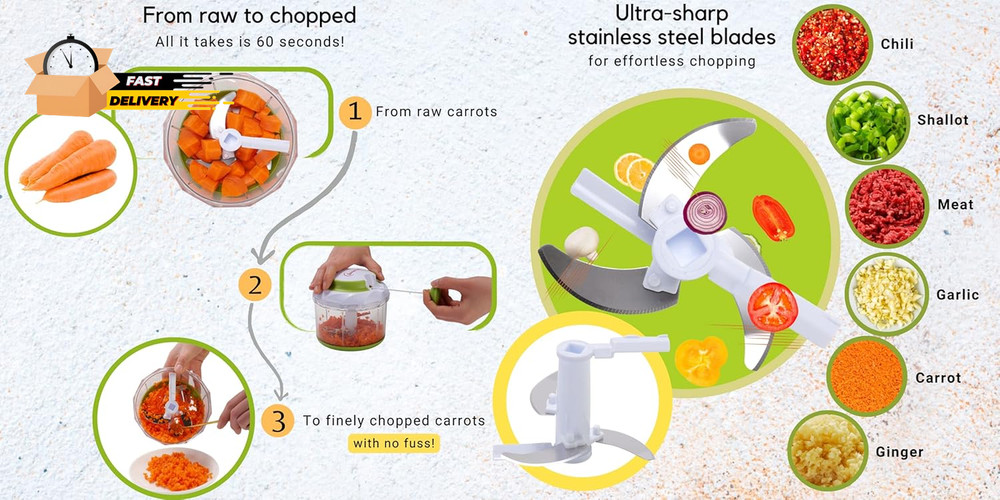 Quickpull Food Chopper: Large 4-Cup Powerful Manual Hand Held Pull Ch