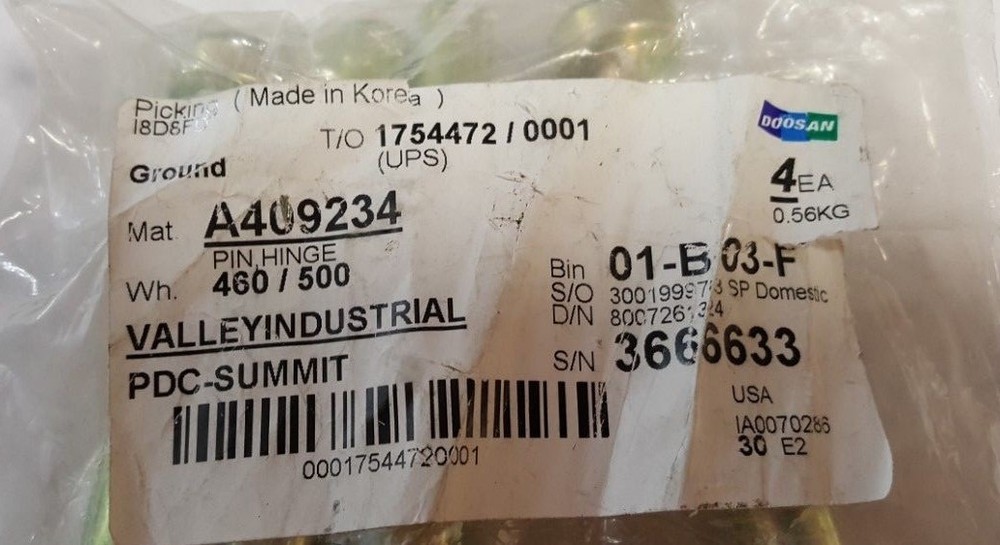 Doosan Part Number A409234 Pin Hinge (4 in package)