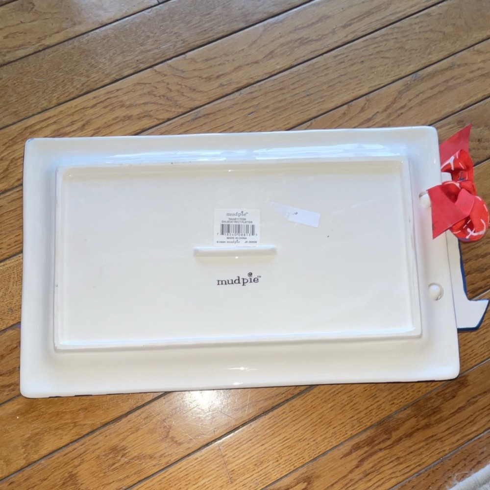 Mud Pie Nautical Rectangular Striped Ceramic Platter Blue Red White Sailboat