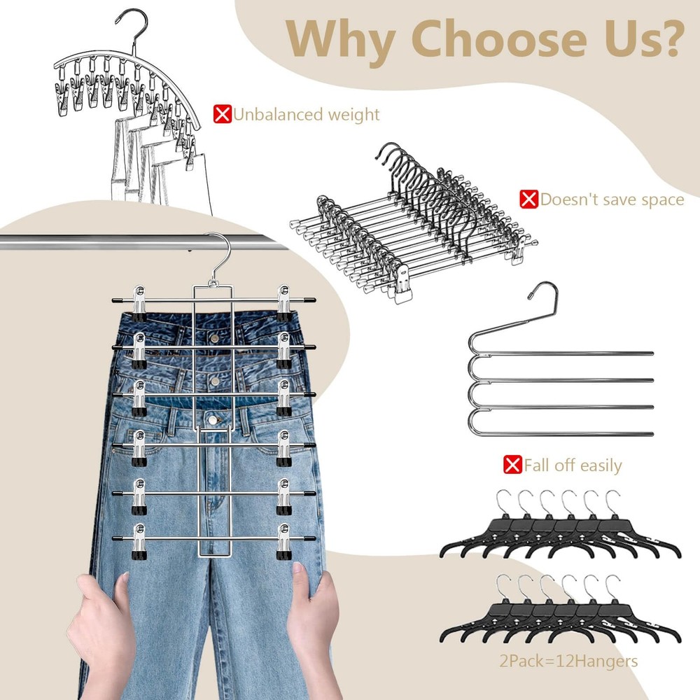 Pants Hangers with Clips,Space Saving Hanging Closet 2 pack, Silver