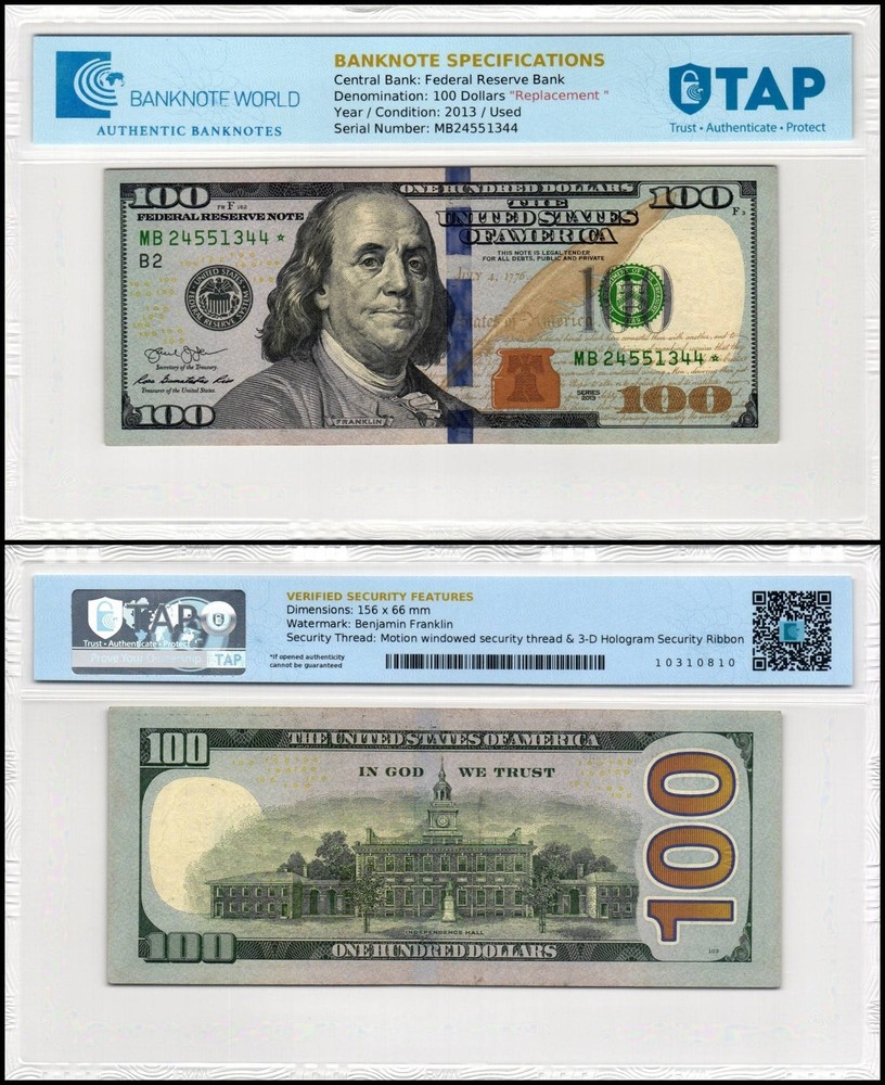 USA 100 Dollars, 2013, P-543z, Used, Replacement/Star, TAP Authenticated