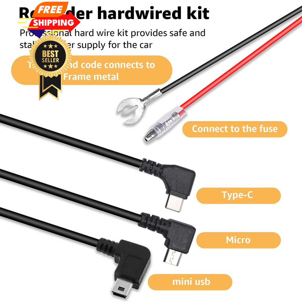 3-in-1 Hard Wire Kit USB-C & Micro/Mini USB Hardwire for Dash Cams 13ft