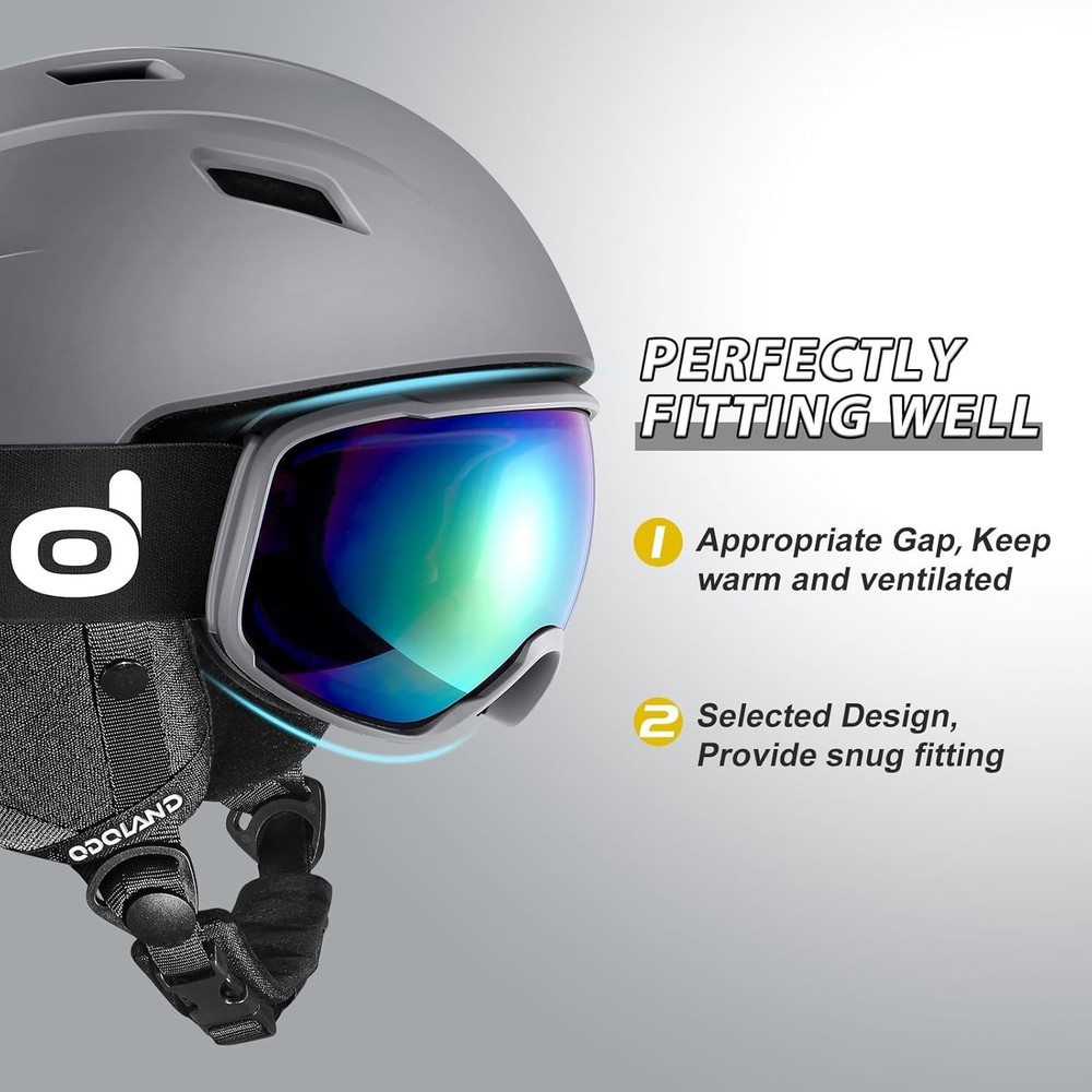 Odoland Snow Ski Helmet & Goggles Set - Adjustable - Grey - Medium 55-59cm