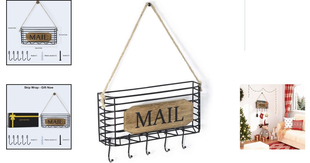 Rustic Wall-Mounted Mail Organizer & Key Holder - Carbonized Black Charm