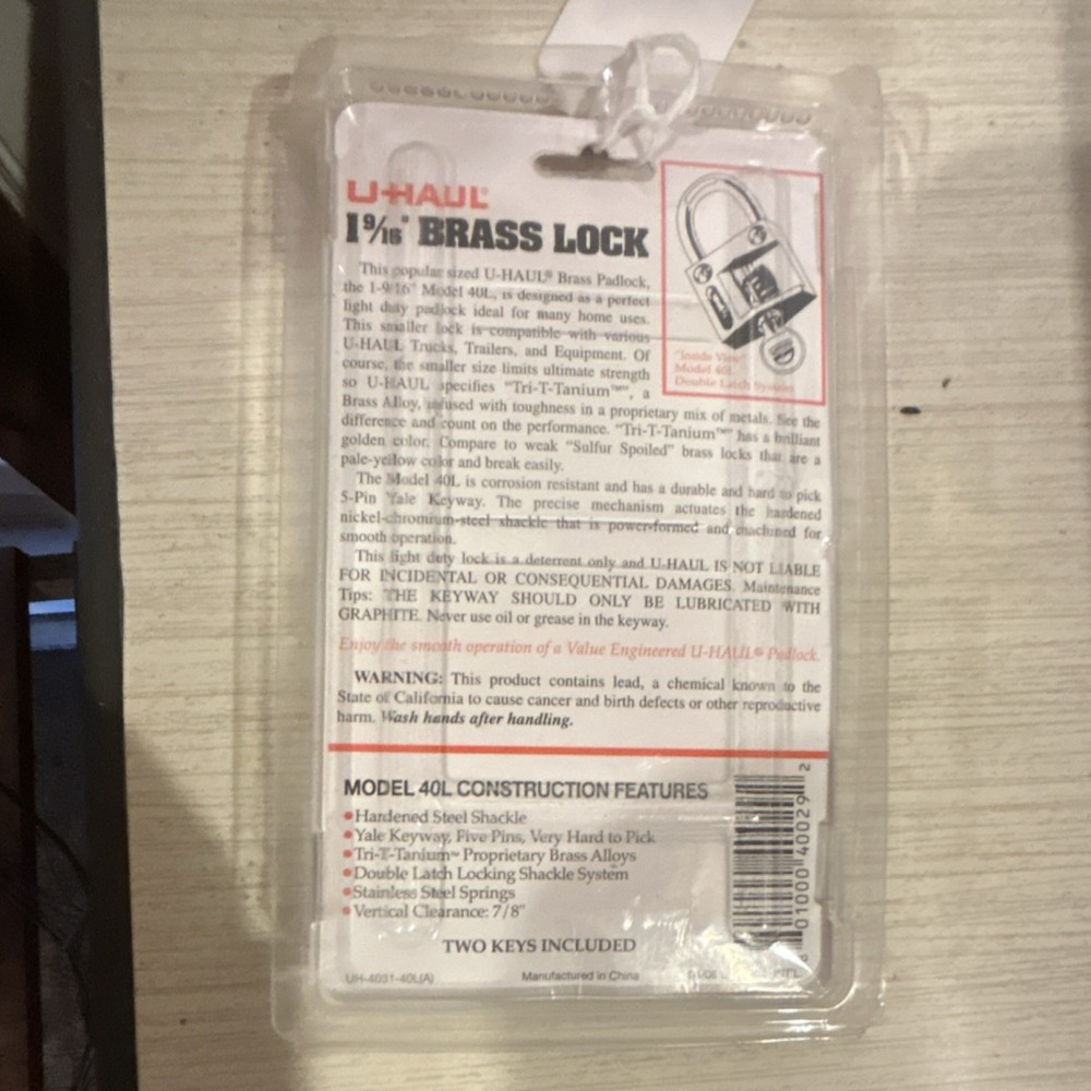 U-Haul Brass Utility Lock Model 40L Double Latch Locking Shackle System
