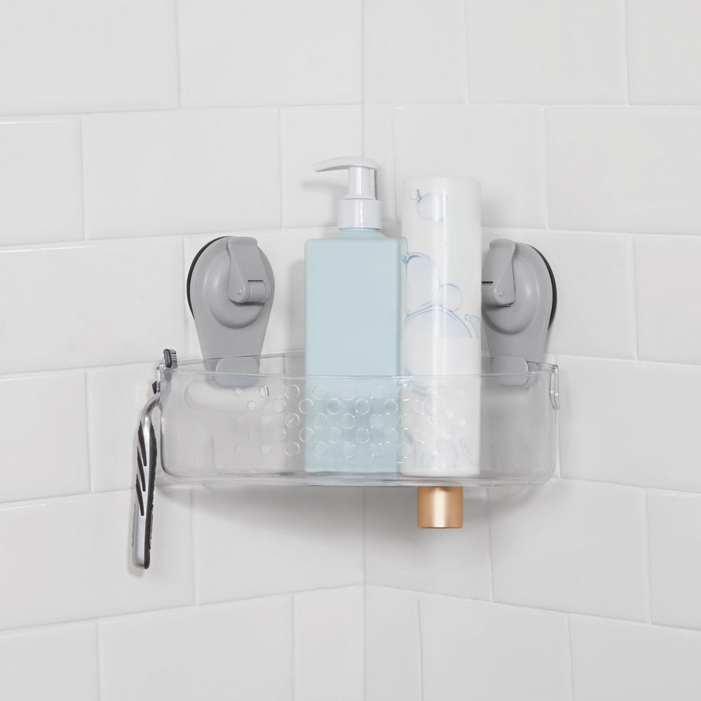 Clear Wall-Mounted Corner Suction Bath Basket Easy to Install, No Tools