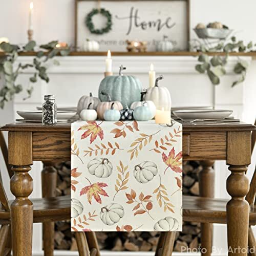 Pumpkins Fall Maple Leaves Fall Table Runner, 13" x 72", Table Runner Orange