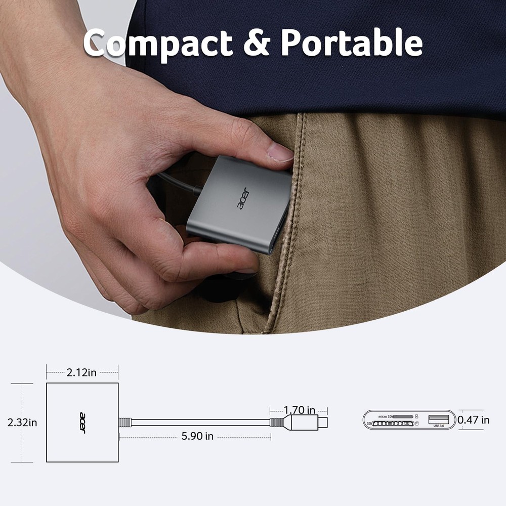 Acer SD Card Reader USB C, 3 in 1 Memory with Dual Slots & Grey