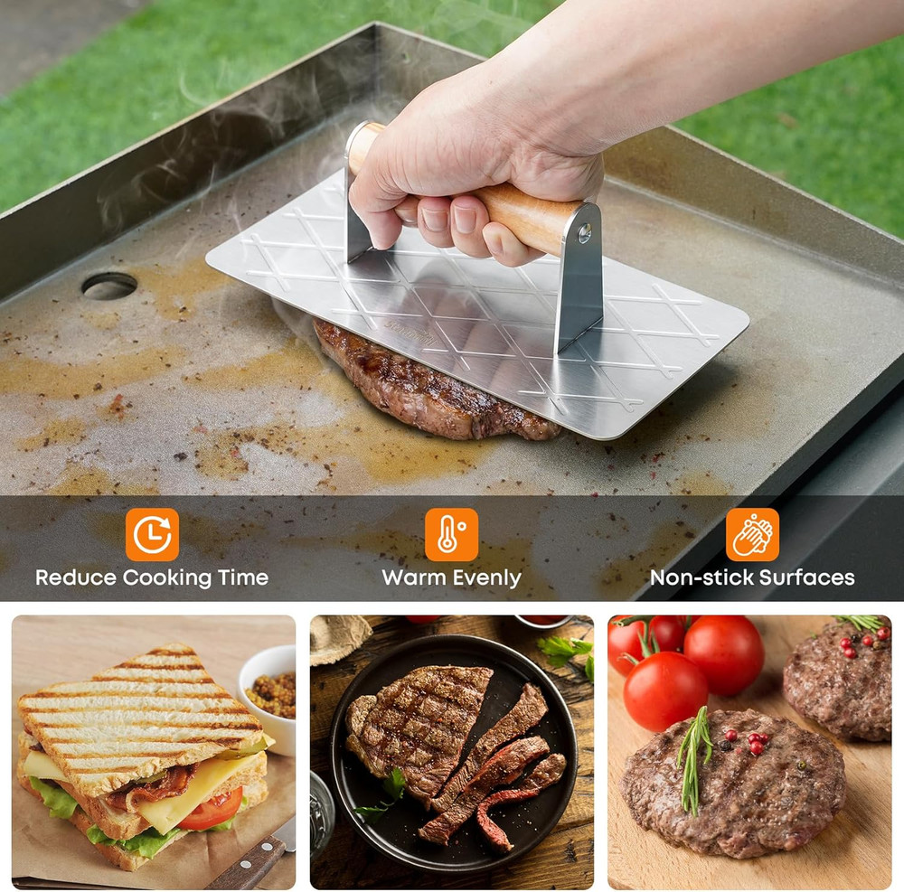 Stainless Steel Bacon Press for Griddle, 9” X 4.5”Rectangular Grill Press BBQ Pr