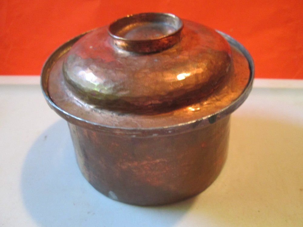 Old Copper Solid Unique Shape ORNATE Handcrafted HAMMERED SMALL POT W LID VTG