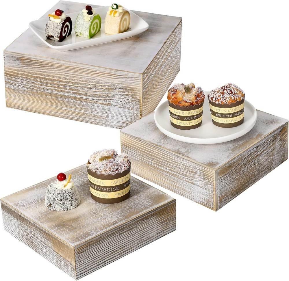 3 Pcs Whitewashed Wood Square Display Stand Crate Style Cake Risers for Cupcake