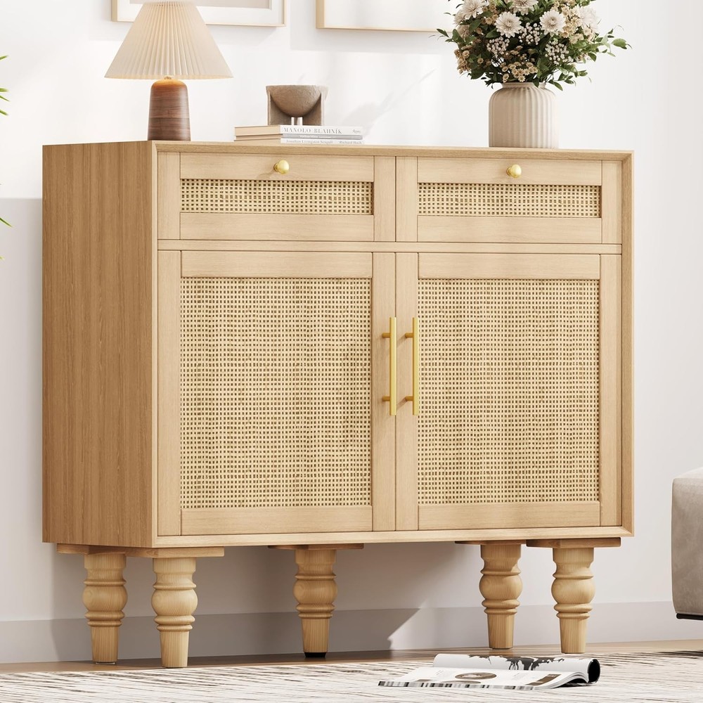 35.4" Rattan Buffet Sideboard Cabinet W/ Storage Boho Buffet Table W/ Adjustable