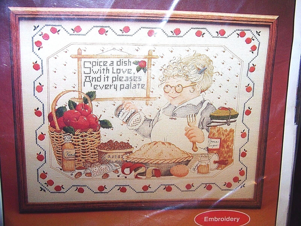1982 CURRENT Spiced With Love Kitchen Sampler Printed EMBROIDERY Kit Free SHIP